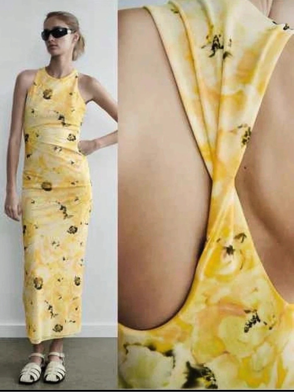 Zara Yellow Floral Mesh Twist Back Midi Dress Sz Small